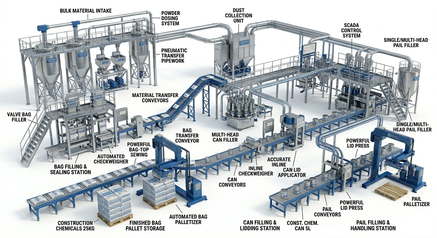 Construction Chemicals Filling and Packaging Lines: Bagging, Can and Pail Filling